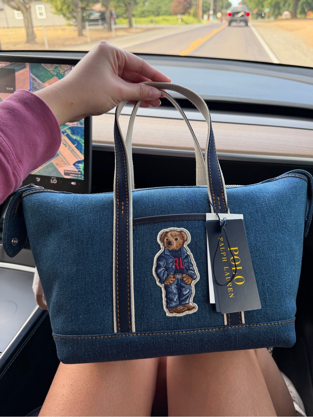 Polo by Ralph Lauren Denim Bear Crossbody Bag in Navy and Tan